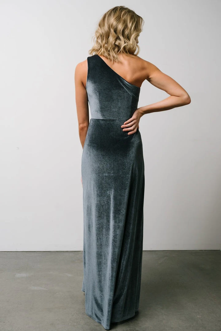 BB Custom Maxi Dresses Tatiana Velvet One Shoulder Maxi Dress | Slate Blue 5 BB Custom Maxi Dresses Tatiana Velvet One Shoulder Maxi Dress | Slate Blue