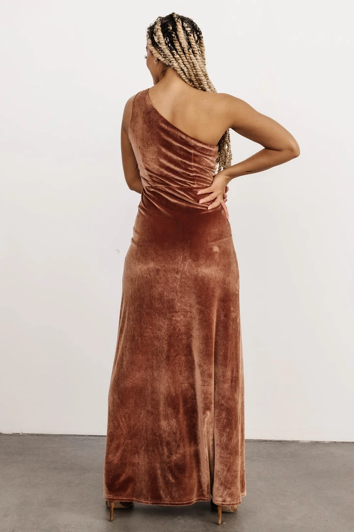 BB Custom Dresses Tatiana Velvet One Shoulder Maxi Dress | Bronze 11 BB Custom Dresses Tatiana Velvet One Shoulder Maxi Dress | Bronze