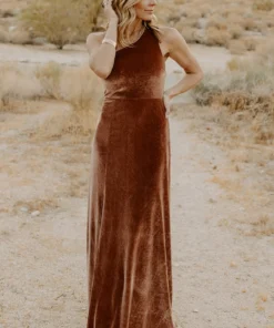 BB Custom Dresses Tatiana Velvet One Shoulder Maxi Dress | Bronze 19 BB Custom Dresses Tatiana Velvet One Shoulder Maxi Dress | Bronze
