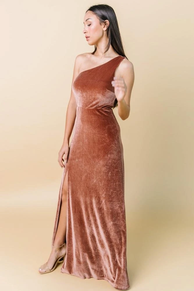 BB Custom Dresses Tatiana Velvet One Shoulder Maxi Dress | Bronze 12 BB Custom Dresses Tatiana Velvet One Shoulder Maxi Dress | Bronze