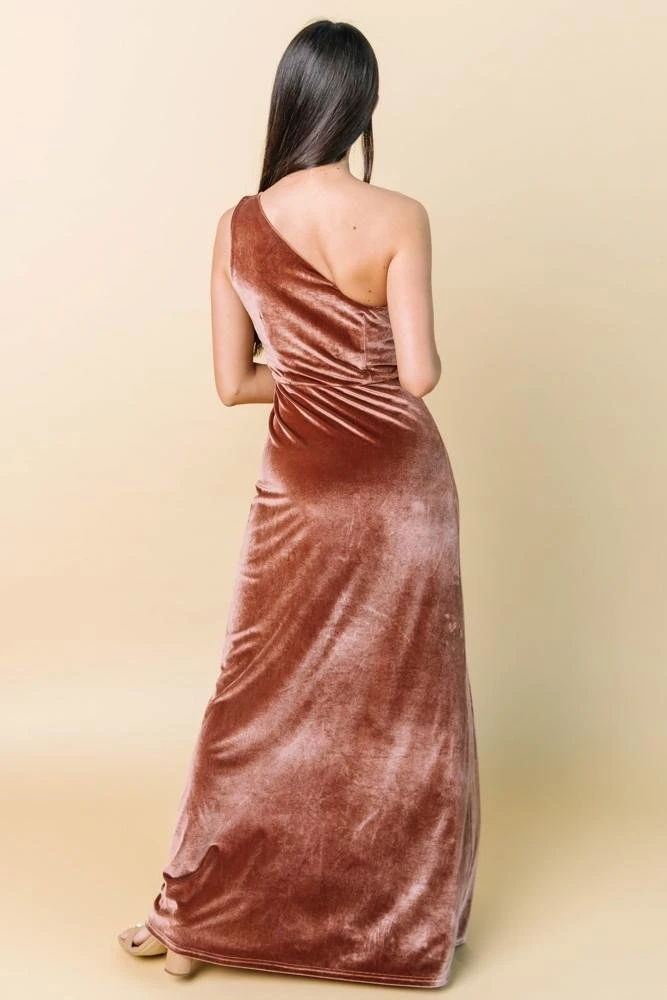BB Custom Dresses Tatiana Velvet One Shoulder Maxi Dress | Bronze 13 BB Custom Dresses Tatiana Velvet One Shoulder Maxi Dress | Bronze