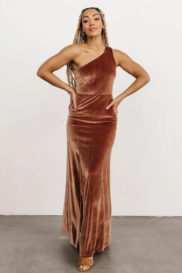 BB Custom Dresses Tatiana Velvet One Shoulder Maxi Dress | Bronze 6 BB Custom Dresses Tatiana Velvet One Shoulder Maxi Dress | Bronze