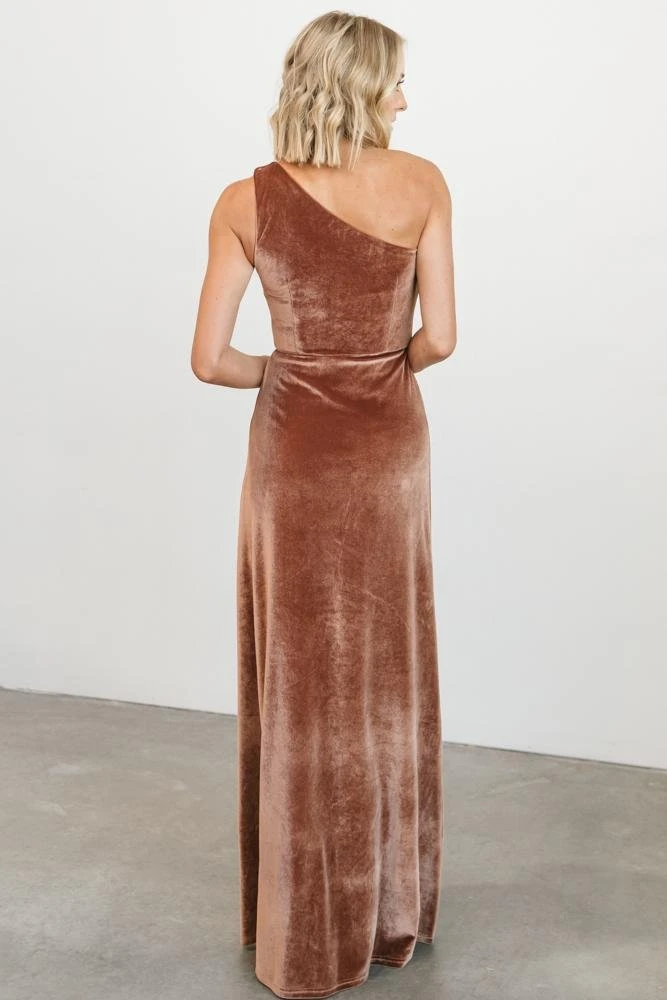BB Custom Dresses Tatiana Velvet One Shoulder Maxi Dress | Bronze 9 BB Custom Dresses Tatiana Velvet One Shoulder Maxi Dress | Bronze