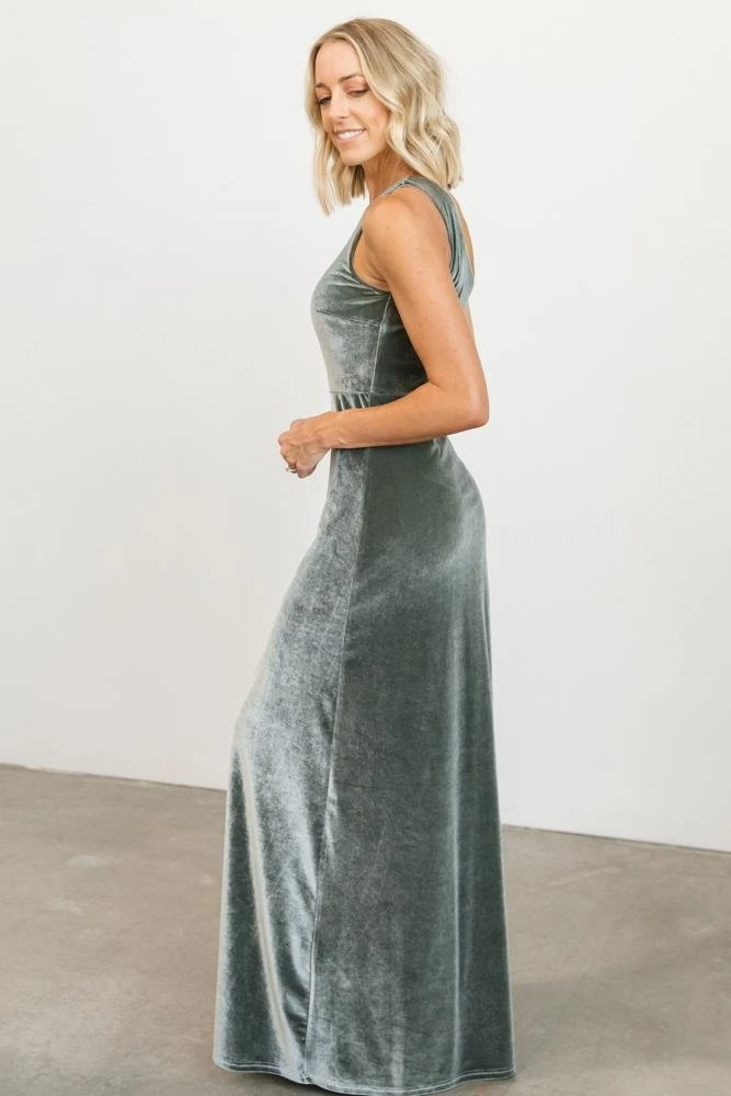 BB Custom Dresses Tatiana Velvet One Shoulder Maxi Dress | Eucalyptus 9 BB Custom Dresses Tatiana Velvet One Shoulder Maxi Dress | Eucalyptus