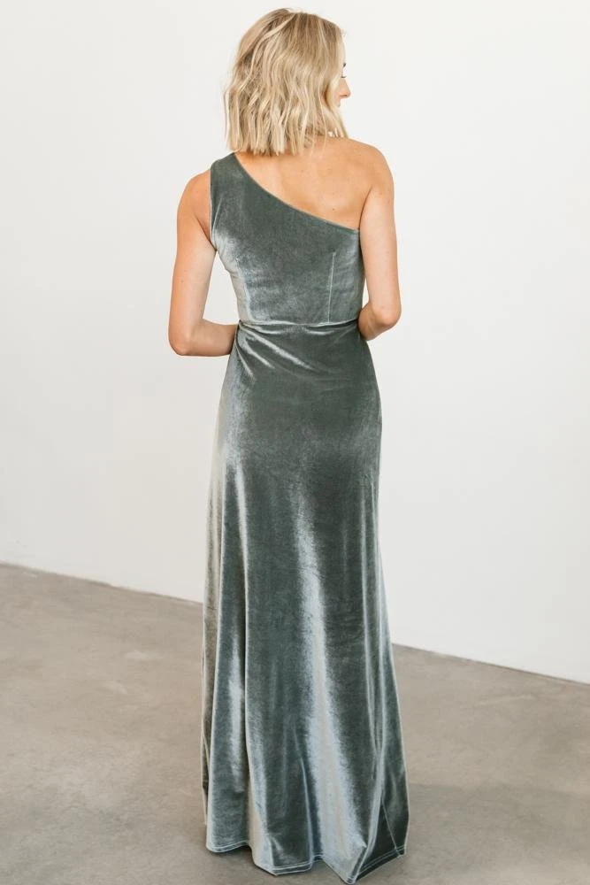 BB Custom Dresses Tatiana Velvet One Shoulder Maxi Dress | Eucalyptus 8 BB Custom Dresses Tatiana Velvet One Shoulder Maxi Dress | Eucalyptus