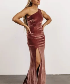 BB Custom Tatiana Velvet One Shoulder Maxi Dress | Rose