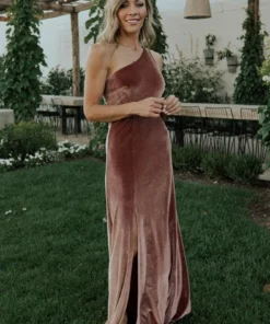 BB Custom Tatiana Velvet One Shoulder Maxi Dress | Rose