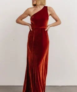 BB Custom Dresses Tatiana Velvet One Shoulder Maxi Dress | Rust
