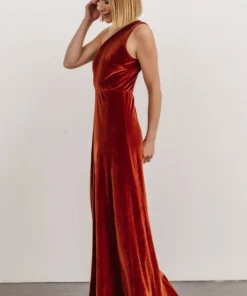 BB Custom Dresses Tatiana Velvet One Shoulder Maxi Dress | Rust 16 BB Custom Dresses Tatiana Velvet One Shoulder Maxi Dress | Rust