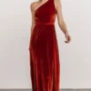 BB Custom Dresses Tatiana Velvet One Shoulder Maxi Dress | Rust