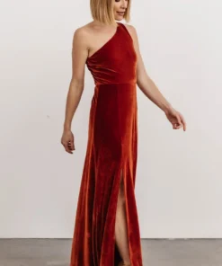 BB Custom Dresses Tatiana Velvet One Shoulder Maxi Dress | Rust 12 BB Custom Dresses Tatiana Velvet One Shoulder Maxi Dress | Rust