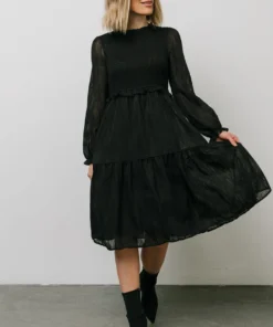 HAY Trinity Smocked Dotted Midi Dress | Black Dresses