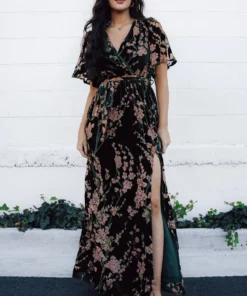 BB Custom Uma Velvet Maxi Dress | Green Floral