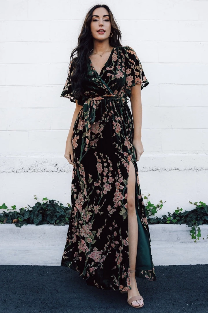 BB Custom Uma Velvet Maxi Dress | Green Floral 1 BB Custom Uma Velvet Maxi Dress | Green Floral