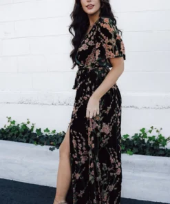 BB Custom Uma Velvet Maxi Dress | Green Floral 20 BB Custom Uma Velvet Maxi Dress | Green Floral