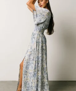 BB Custom Verona Smocked Maxi Dress | White + Blue Print Dresses