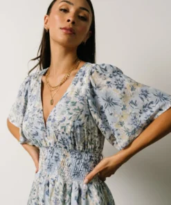 BB Custom Verona Smocked Maxi Dress | White + Blue Print Dresses