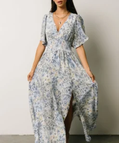 BB Custom Verona Smocked Maxi Dress | White + Blue Print Dresses