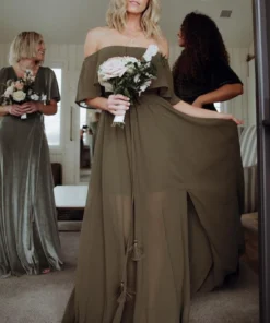 BB Custom Dresses Victoria Off Shoulder Maxi Dress | Olive