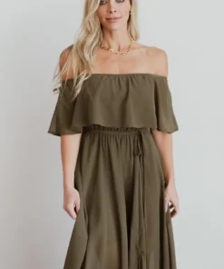 BB Custom Dresses Victoria Off Shoulder Maxi Dress | Olive