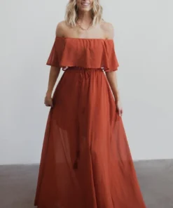 BB Custom Maxi Dresses Victoria Off Shoulder Maxi Dress | Rust