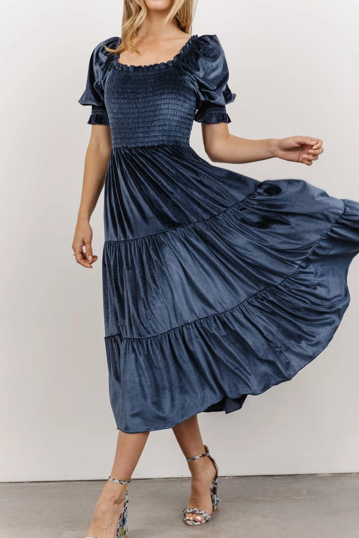 BB Custom Dresses Vivaldi Smocked Velvet Midi Dress | Blue 2 BB Custom Dresses Vivaldi Smocked Velvet Midi Dress | Blue