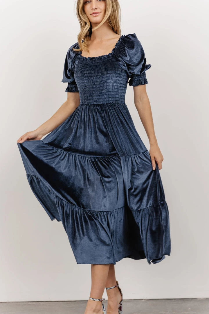 BB Custom Dresses Vivaldi Smocked Velvet Midi Dress | Blue 7 BB Custom Dresses Vivaldi Smocked Velvet Midi Dress | Blue