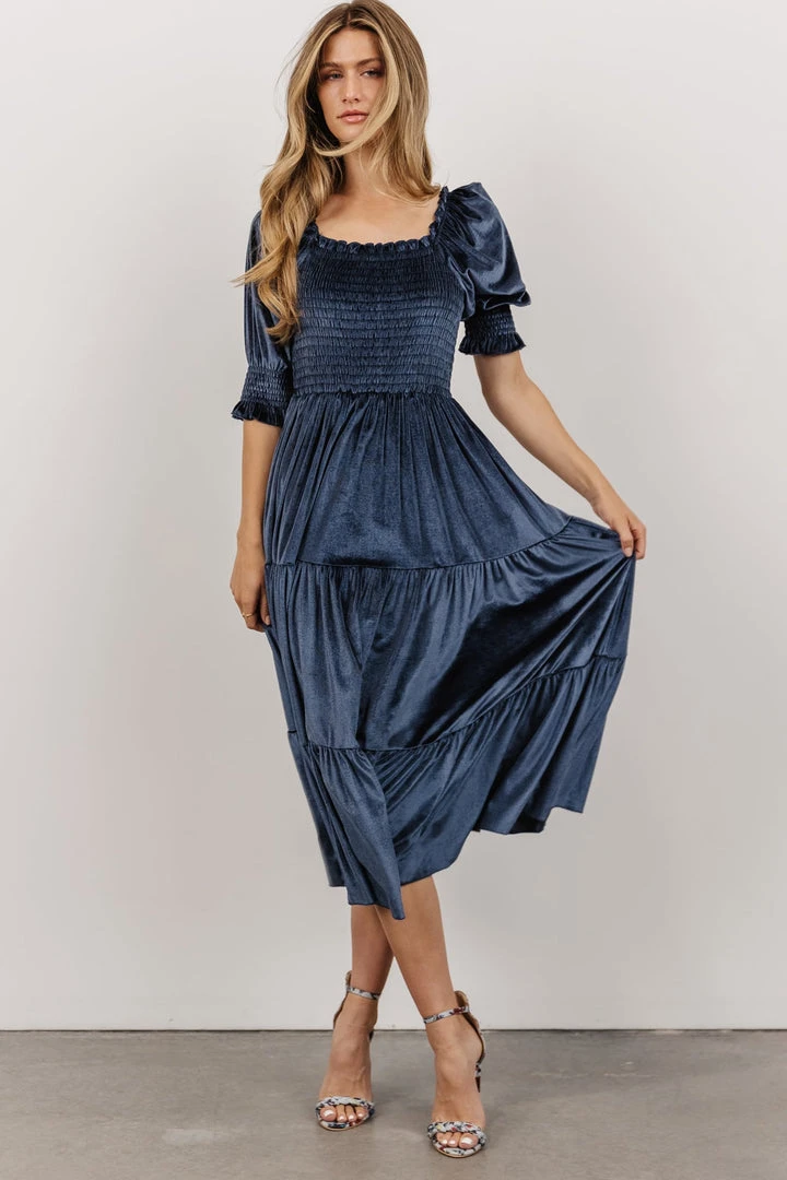 BB Custom Dresses Vivaldi Smocked Velvet Midi Dress | Blue 4 BB Custom Dresses Vivaldi Smocked Velvet Midi Dress | Blue