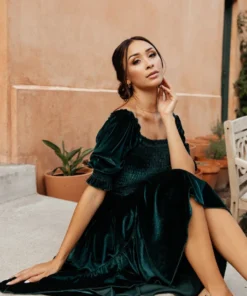 BB Custom Dresses Vivaldi Smocked Velvet Midi Dress | Dark Green