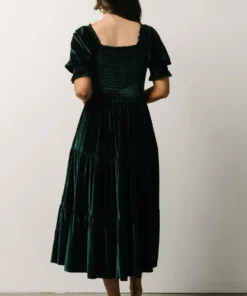 BB Custom Dresses Vivaldi Smocked Velvet Midi Dress | Dark Green