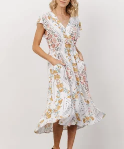 KA Wren Ruffle Sleeve Midi Dress | Ivory Geometric Floral Print Dresses