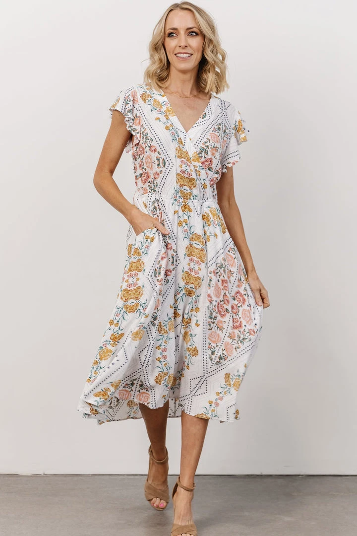 KA Wren Ruffle Sleeve Midi Dress | Ivory Geometric Floral Print Dresses 4 KA Wren Ruffle Sleeve Midi Dress | Ivory Geometric Floral Print Dresses