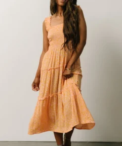 BS Zella Smocked Midi Dress | Orange + Pink Print