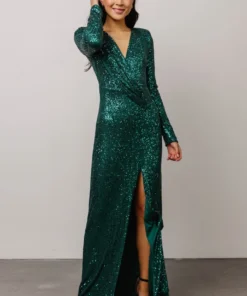 RR Zurich Long Sleeve Sequin Gown | Emerald