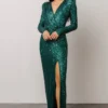 RR Zurich Long Sleeve Sequin Gown | Emerald